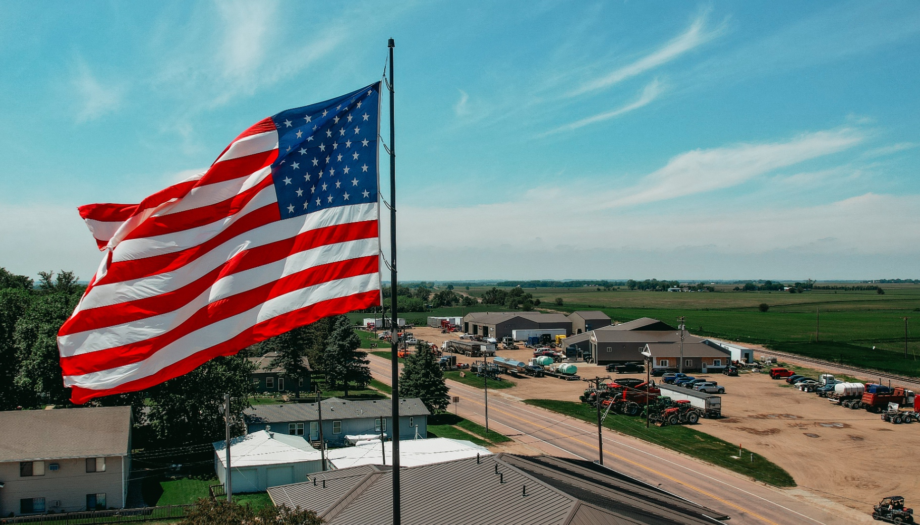 Aerial view of the 1776 main yard with American flag flying overhead
